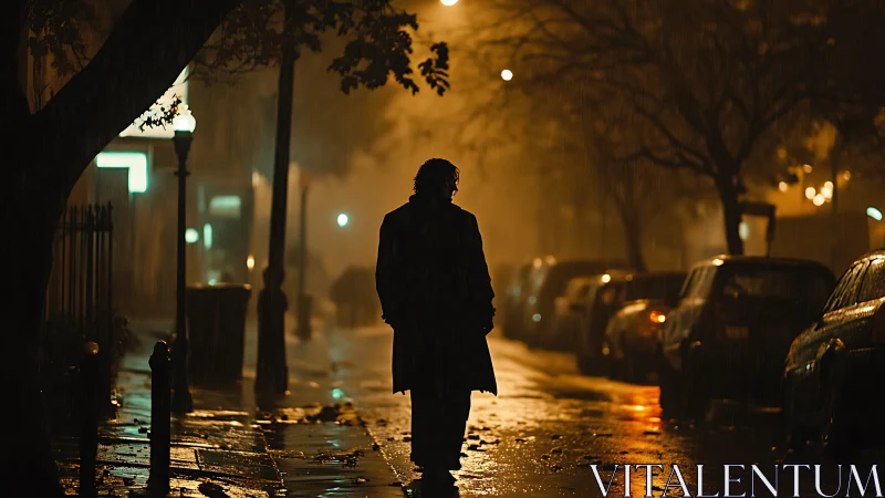 Solitary figure walks through rainlit city street at night.