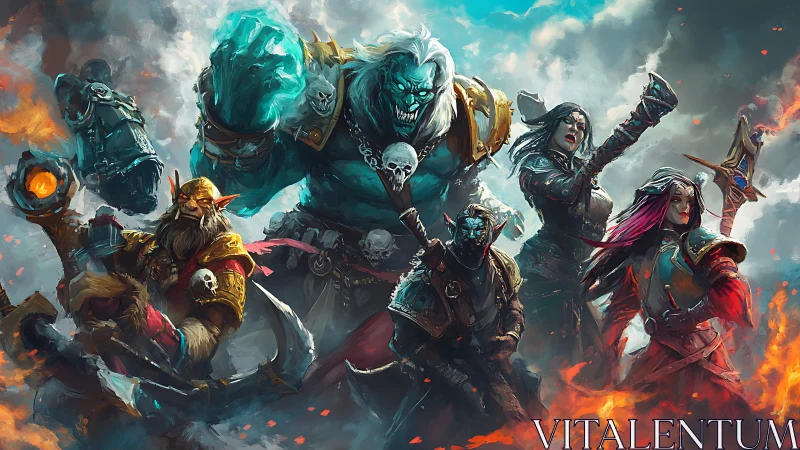 Group of armored fantasy warriors in smoky battlefield scene.