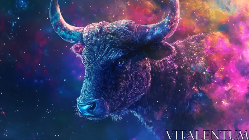 Cosmic bull portrait within multicolored nebula field.