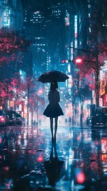 Silhouetted figure with umbrella in neon lit rainy city street.
