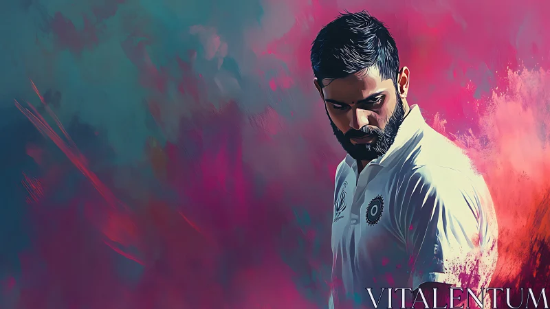 Digital portrait of focused cricketer amid abstract color field