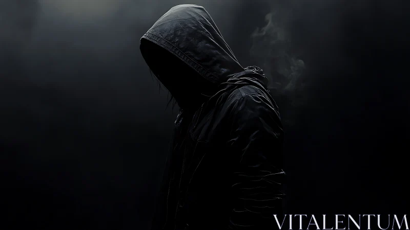 Shadowed hooded figure leans into darkness with quiet mystery