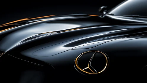 Glossy black luxury coupe hood gleams under dramatic studio light