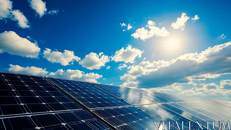Solar photovoltaic array under vivid midday sky perspective.