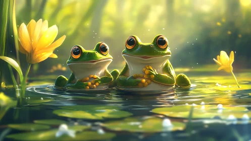 Digital painting of two frogs in sunlit lily pond idyll.