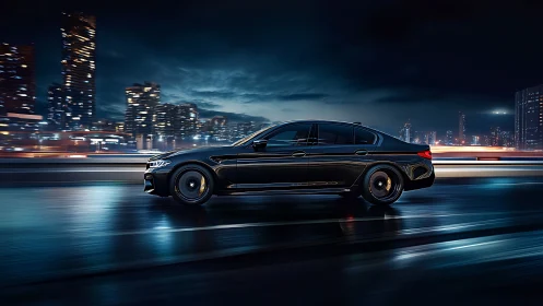 Midnight black sedan slicing through neon city rain. Period.