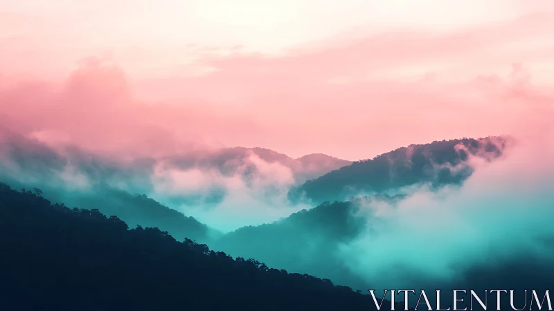 Pastel atmospheric mountain ridges in layered digital painting.