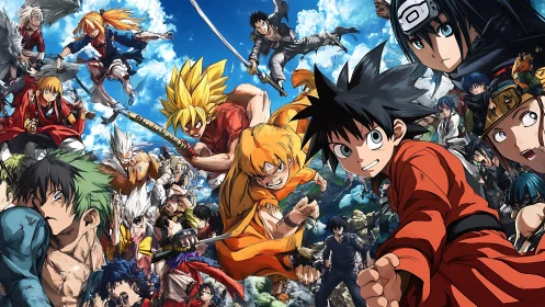 Anime battle scene with multiple heroic fighters.