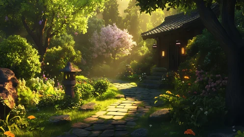 Sunlit stone path winding through a secret blossom sanctuary.