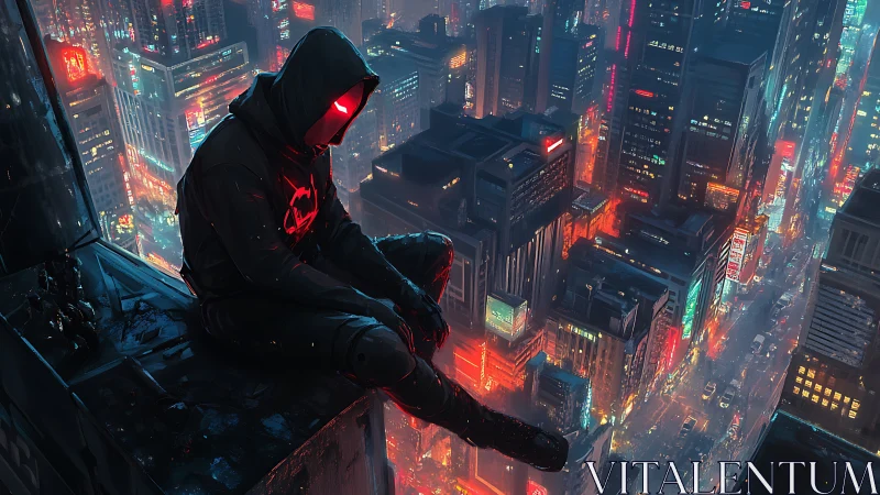 Cyberpunk vigilante on neon skyline ledge, cinematic framing.