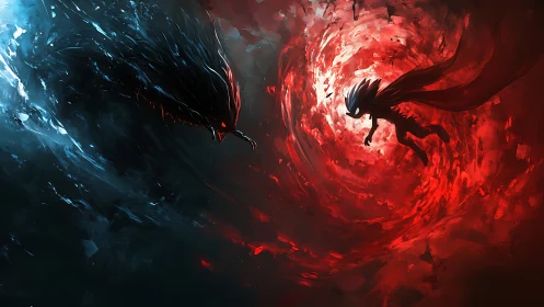 Elemental duel in swirling red vortex and icy darkness.