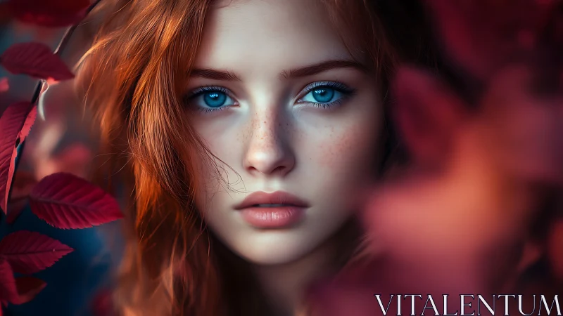 Cinematic red-haired portrait renders hyperreal blue-eyed gaze