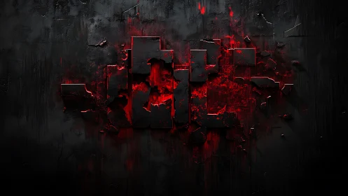 3D fractured blocks with molten red core on black wall.
