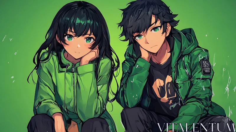 Two seated anime characters wear green jackets against backdrop