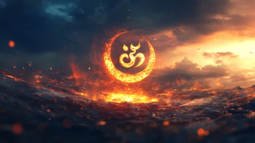 Luminous Om symbol rises from glowing fire above stormy sea