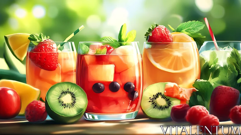 Chromatic fruit beverage array with high-luminance rendering.