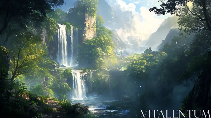 Digital painting of tiered jungle waterfalls with misty depth.