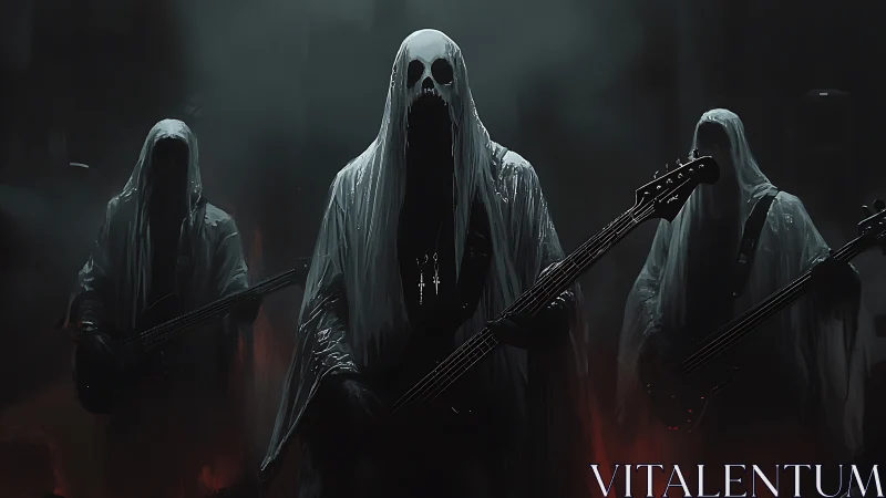 Ghostly metal band under shrouds on darkened stage.