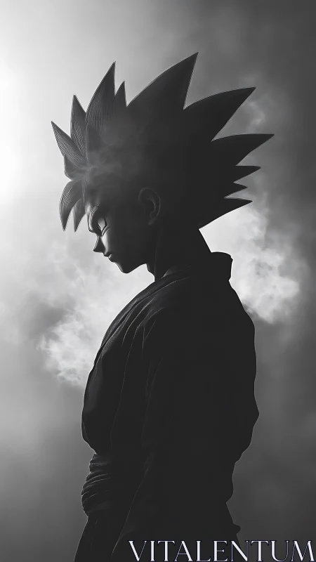 Monochrome profile of spiky haired anime fighter figure.