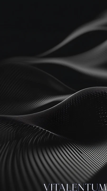 Black abstract 3D waves with flowing ribbed surfaces.