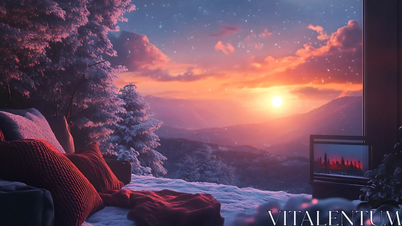 Cozy winter bed facing glowing mountain sunset view.