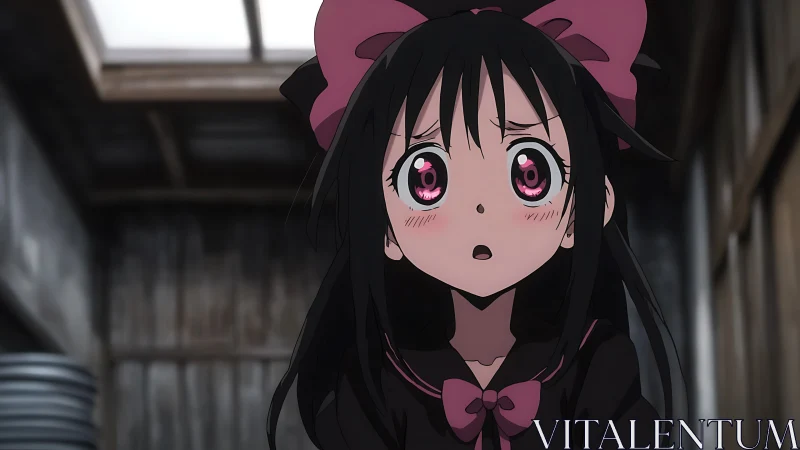 Wide eyed anime girl in dark uniform with pink bows, indoors