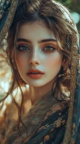 Serene portrait of veiled woman with detailed fabric drape.