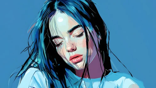 Soft blue portrait of a dreamy freckled girl at rest.