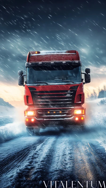 Blazing red freight titan storms through a midnight blizzard.
