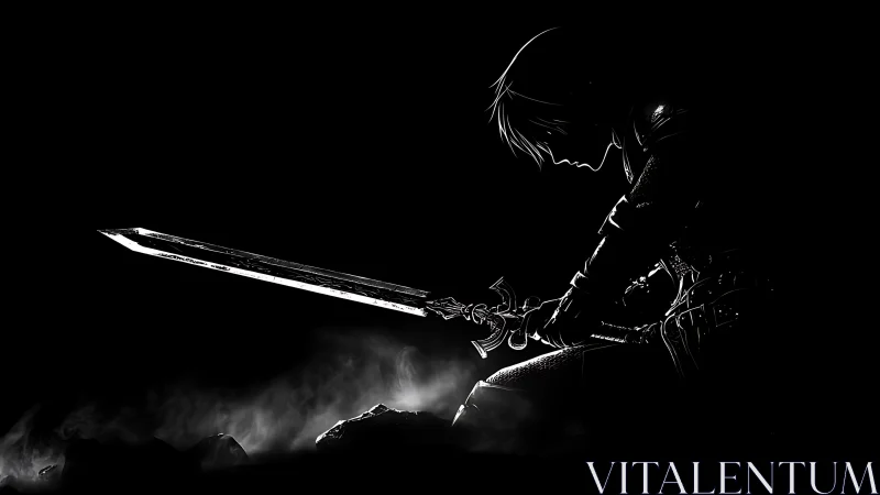 High-contrast warrior silhouette kneels with ornate longsword extended