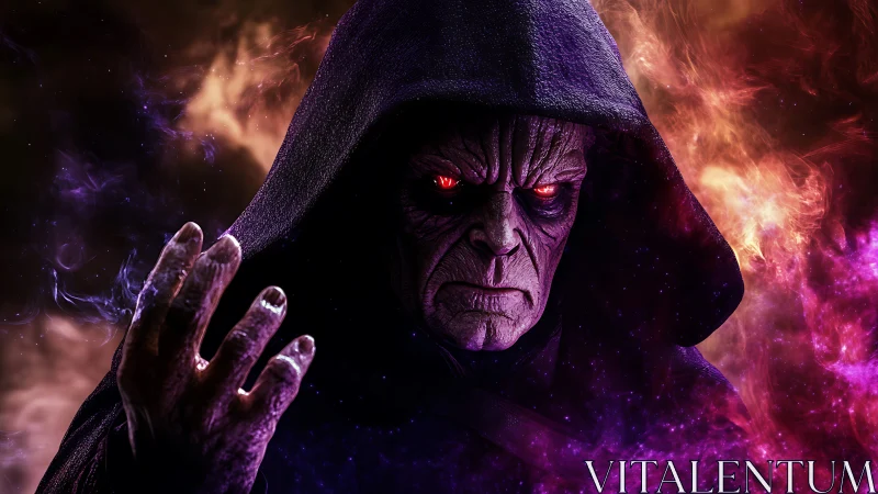 Hooded dark sorcerer conjuring cosmic violet flames.