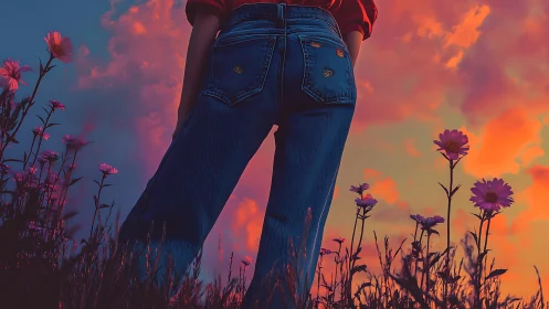Person in jeans standing in dusk wildflower field.