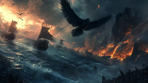 Burning coastal fortress under assault with warships advancing