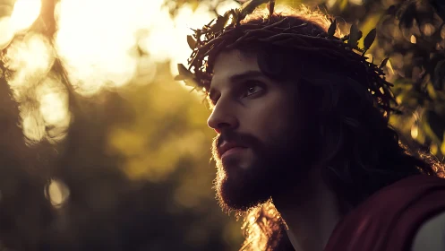 Crowned figure gazes upward through warm golden sunset light.