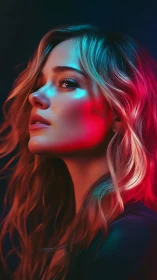 Soft neon portrait of a thoughtful young woman in glow.