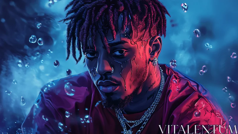 Neon drenched portrait of brooding rapper underwater night.