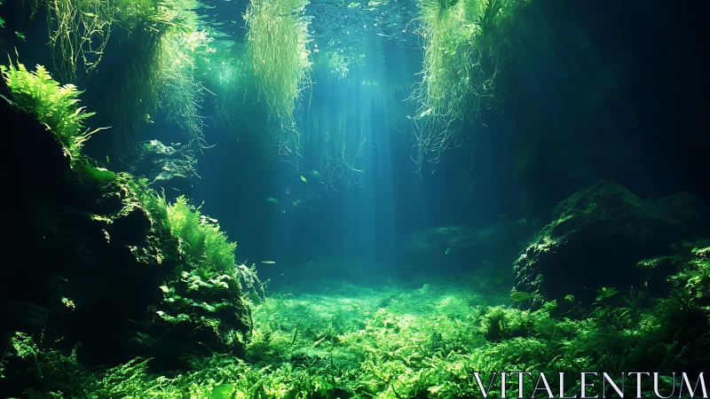 Underwater cavern floor illuminated by filtered sunlight