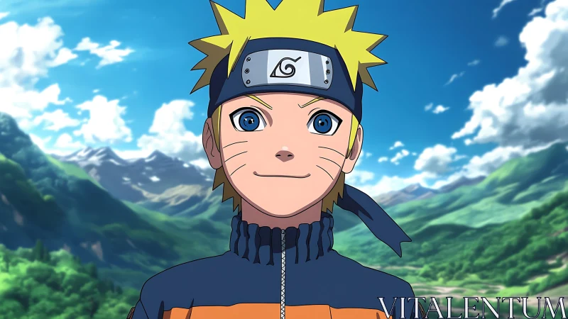 Spiky haired ninja trainee smiles beneath vast mountain skies.