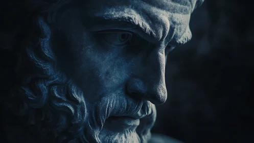 Brooding marble philosopher in dramatic blue shadowed light