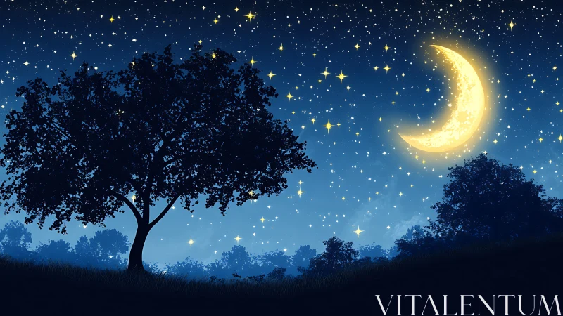 Luminous crescent moon over silhouetted arboreal skyline at night.