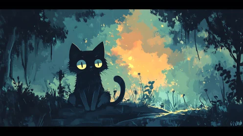 Black cat sitting in luminous natural environment with glowing sky