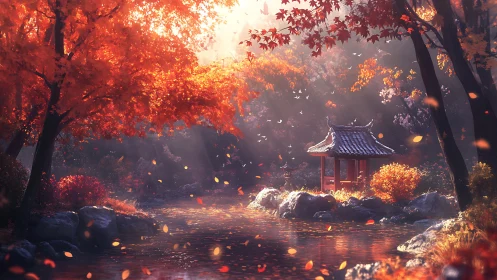 Serene riverside pavilion under vivid autumn foliage.