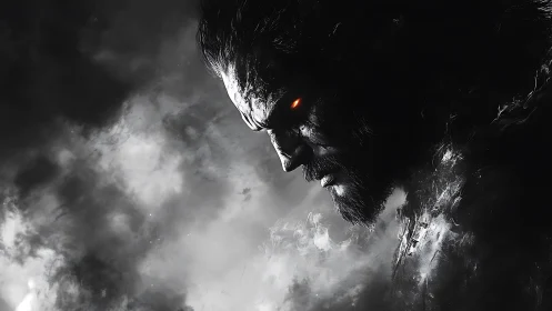 Ember-eyed warrior leans from shadow, carving stormy silence