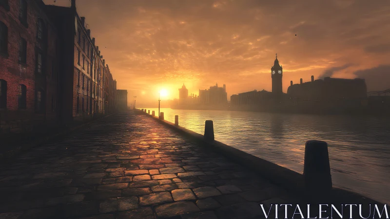 Industrial riverside sunrise over cobblestone promenade.