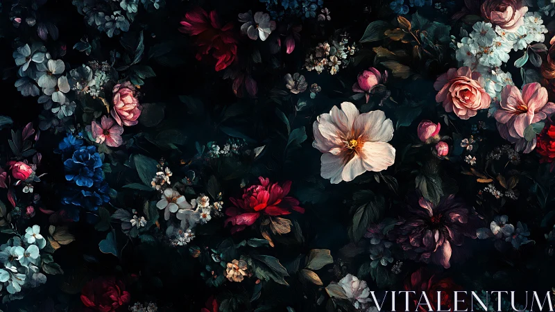 Dark Floral Arrangement Against Black Background.