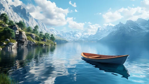 Solitary wooden boat on glassy alpine lake under bright sky.