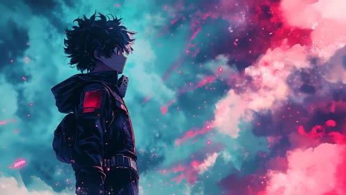 Silhouetted anime hero studies bi-chromatic cosmic storm clouds