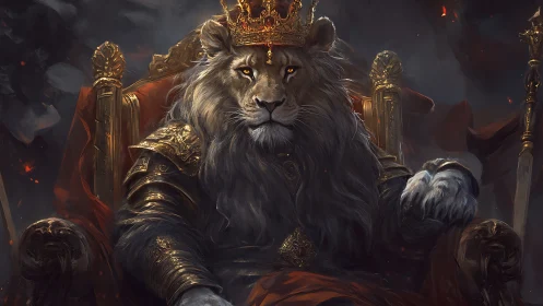 Regal lion monarch on baroque throne in dark fantasy armor.