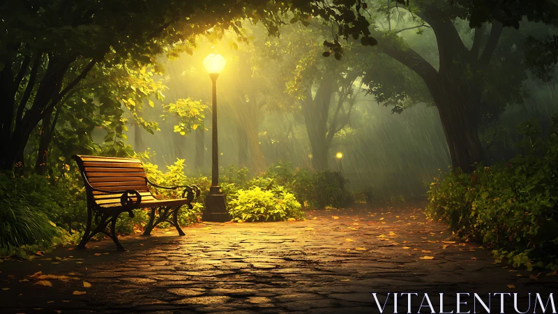 Rainlit park bench under warm lamplight in misty garden.