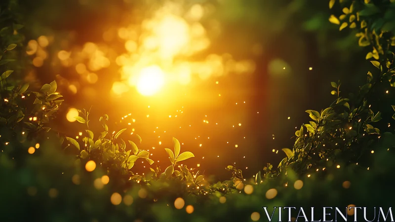 Sunlit forest glade with glowing fireflies at golden hour.